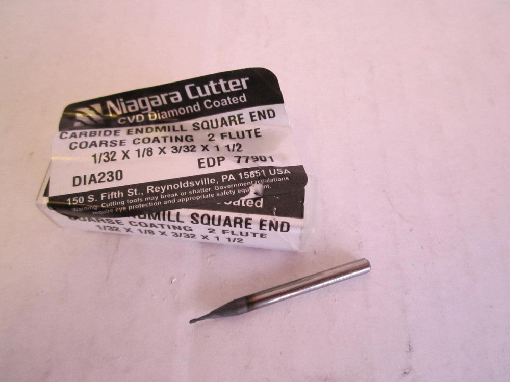 Niagara 1/32 x 1/8 x 3/32 x 1-1/2" Square Carbide 2-Flute Endmill 77901 New