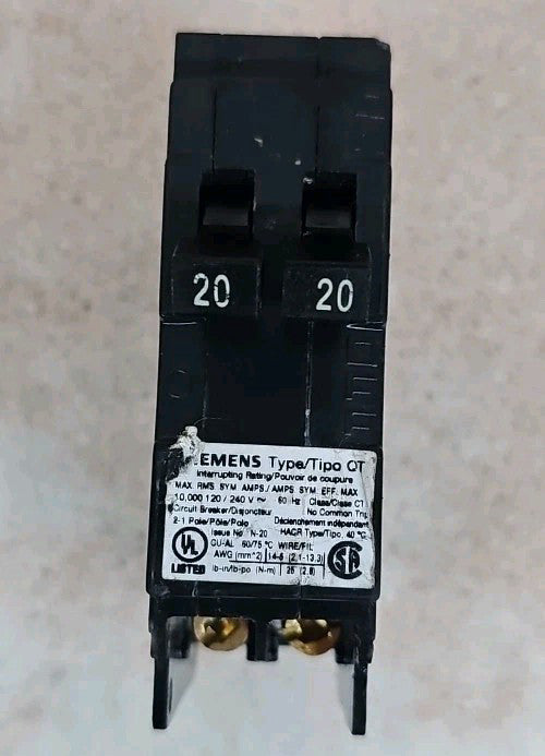 Siemens Q2020 20A 1 Pole 120V Tandem Electrical Circuit Breaker New Old Stock