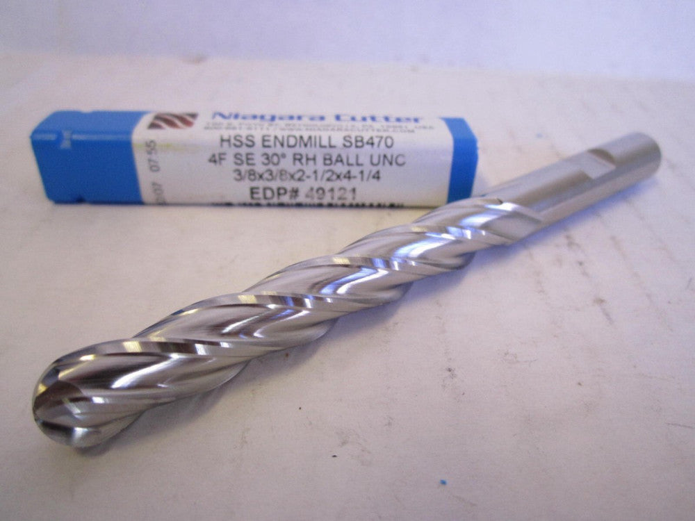 Niagara 3/8 x 3/8 x 2-1/2 x 4-1/4" Ball End HSS 4-Flute Endmill 49121 New