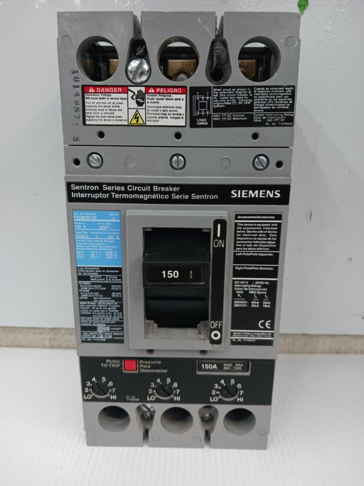 Siemens Sentron 150 Amp Circuit Breaker 3 Pole 600 VAC FXD63B150 w/ 150 Amp Trip