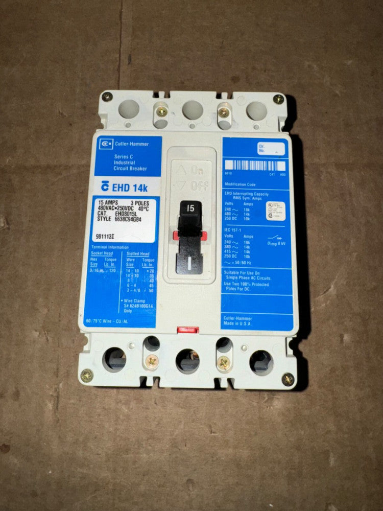 CUTLER-HAMMER EHD3015L 15-AMP CIRCUIT BREAKER, 480-VAC, USED! MAKE OFFER!