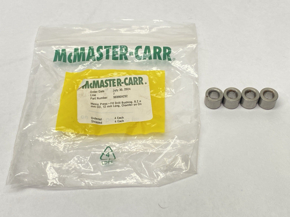 96990A292 Drill Bushing 8.2mm ID 15mm OD 12mm Long Chamfer On One End LOT OF 4