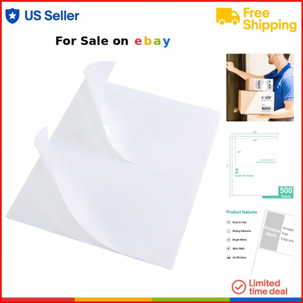 Half Sheet Printable Shipping Labels 2 per Sheet 1000 Labels for Laser Inkjet
