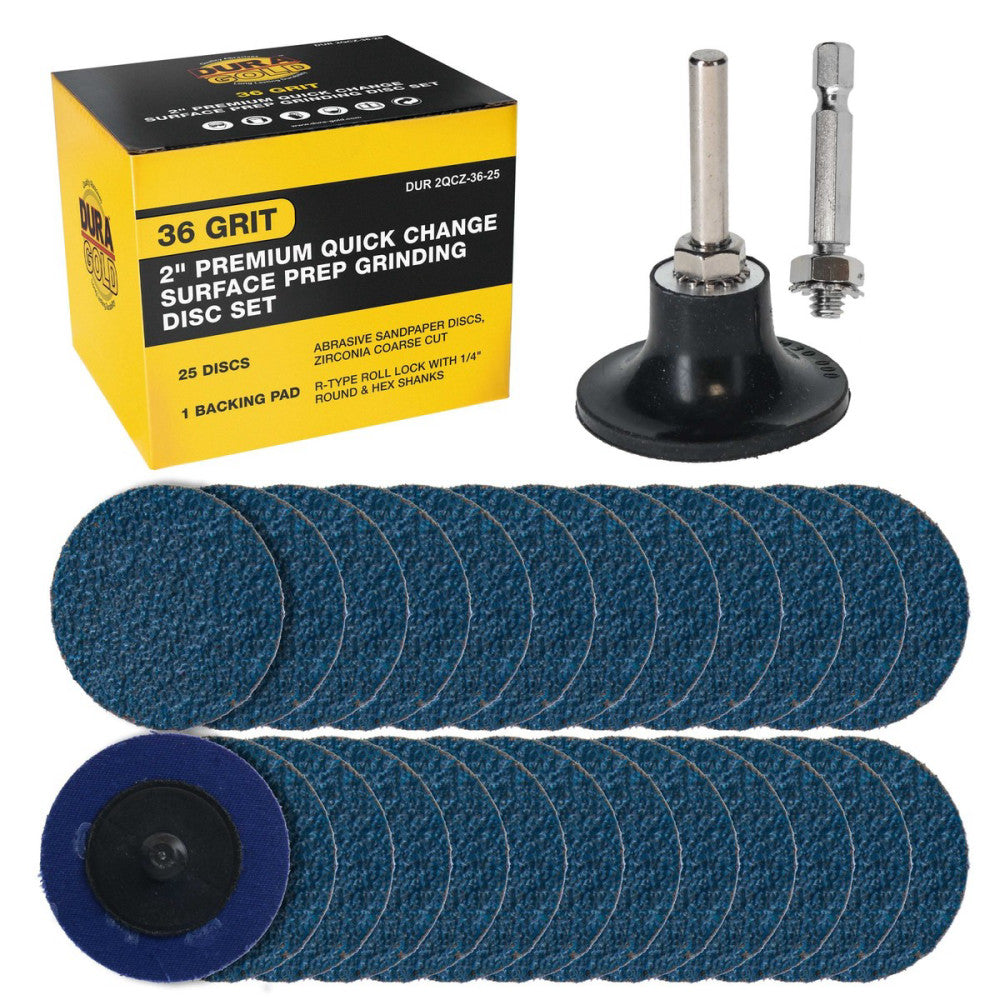 Dura-Gold 2" 36 Grit Quick Change Surface Prep Grinding Disc Set, 25 Discs, Pad
