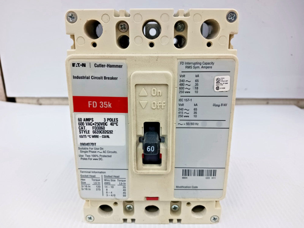 EATON CUTLER HAMMER 60 AMP CIRCUIT BREAKER 3 POLE 600 VAC / 250 VDC FD3060
