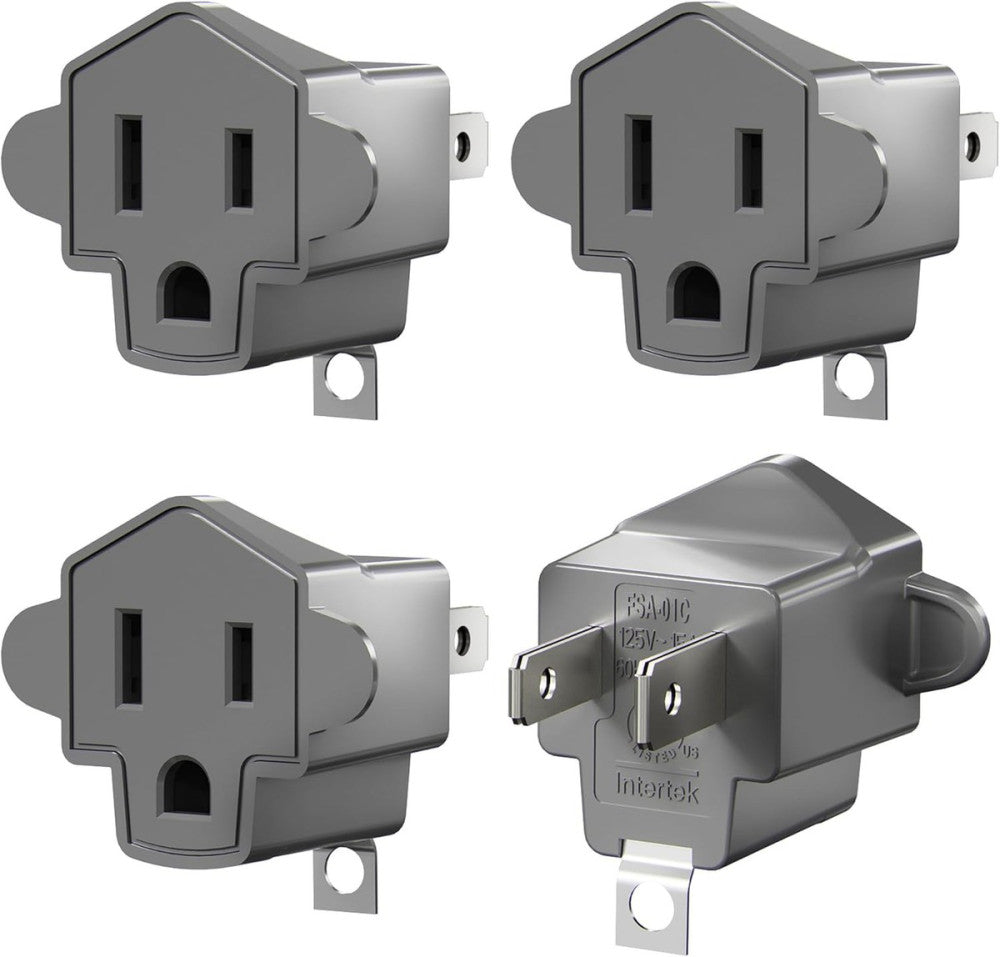 2 Prong to 3 Outlet Adapter, ETL Listed 3-2 4 Pack, Gray 