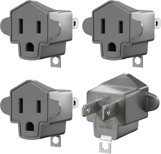 2 Prong to 3 Outlet Adapter, ETL Listed 3-2 4 Pack, Gray 