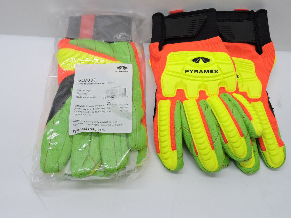 (2 pairs) Pyramex GL803C Hi Vis Corded Cotton Palm Glove SIZE XL