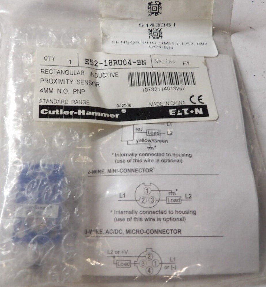 NEW EATON 4 MM N.O. RECTANGULAR INDUCTIVE PROXIMITY SENSOR  E52-18RU04-BN 