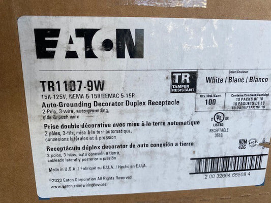 (100 PACK) Eaton TR1107-9W Duplex Receptacle, #14-10 AWG,15A, Flush, 125V, White