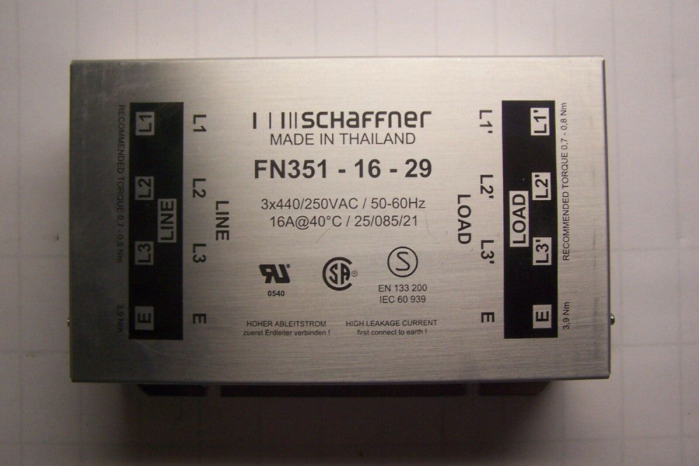 SCHAFFNER FN351-16-29 GENERAL PURPOSE FMC FILTER 3x440/250 VAC 50-60 HZ 16 AMP