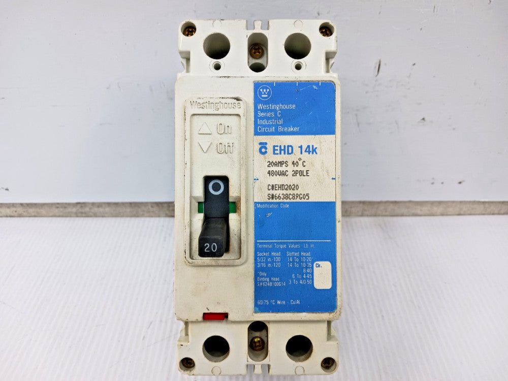 Westinghouse 20 Amp Bolt-On Circuit Breaker 2 Pole 480 VAC /250 VDC EHD2020