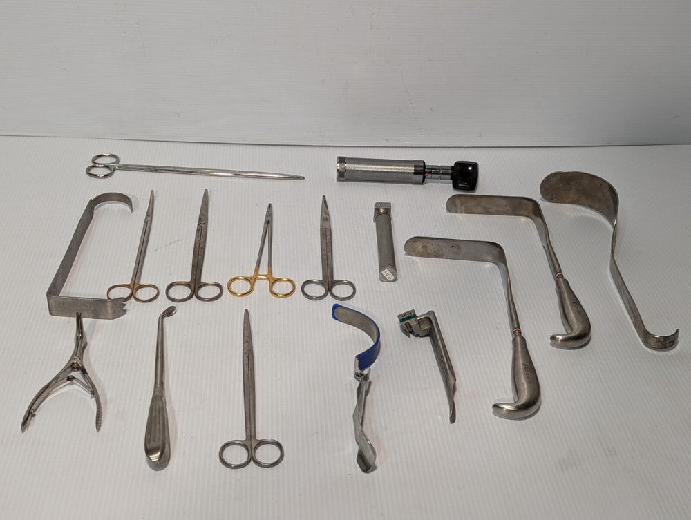 Lot of 16: Stainless ENT tools: retractor, needle holders,corette,airway inducer