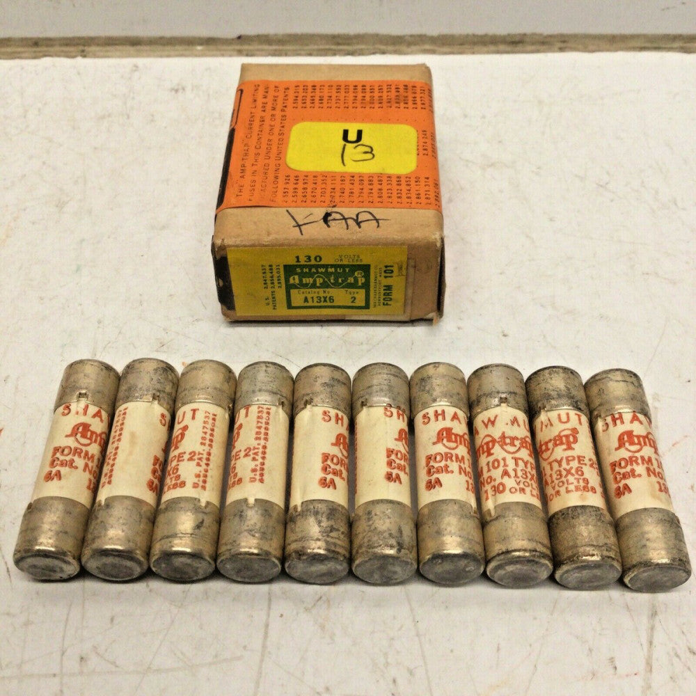 SHAWMUT A13X6 AMP-TRAP TYPE 2 FUSE 6 AMP 130VAC (LOT of 10)