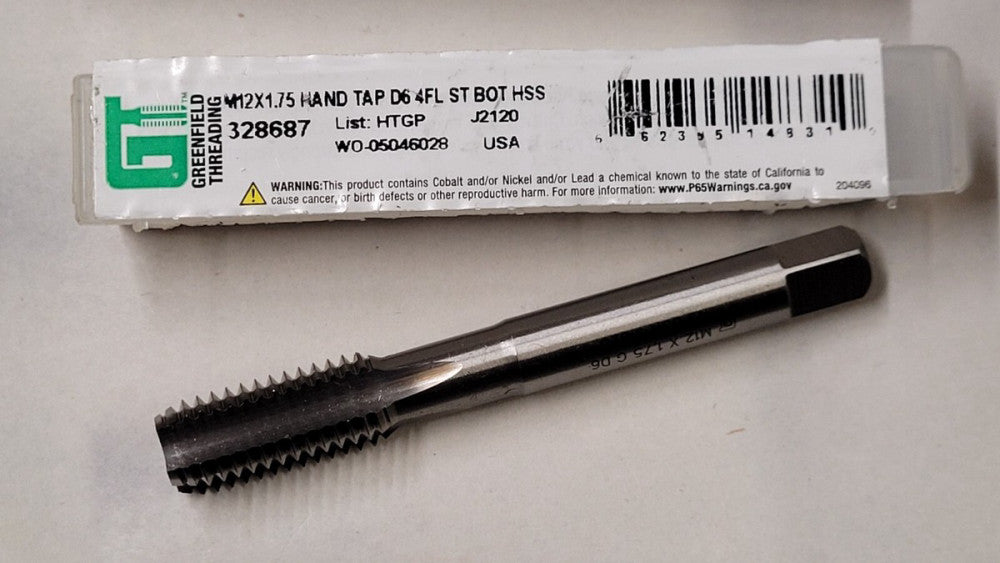 New Greenfield 328687 Bottoming Tap M12x1.75 4 Flute Straight HSS