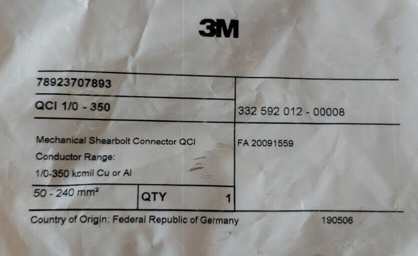1 - 3M QCI 1/0-350 Mechanical Shear Bolt Connector 350kcmil New
