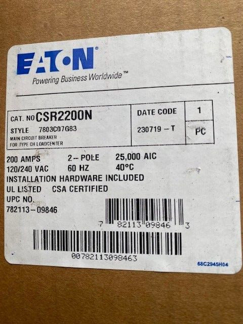 Eaton CSR2200N CH Main Breaker Kit 200 Amp 2 Pole With Installation Hardware NEW