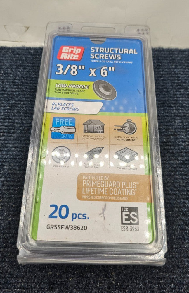 (QTY 20) Grip-Rite GRSSFW38620: Star Hex Low-Profile Structure Screws 3/8" x 6"