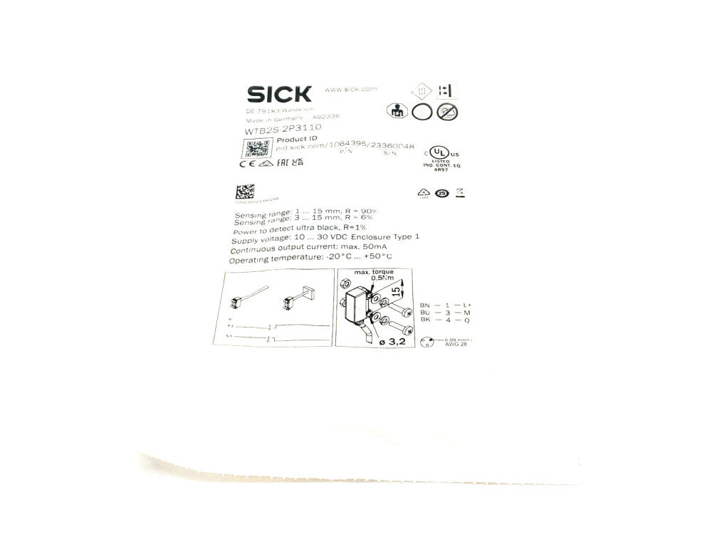 Sick WTB2S-2P3110 Photoelectric Proximity Sensor w/ Background Supp. 1064395