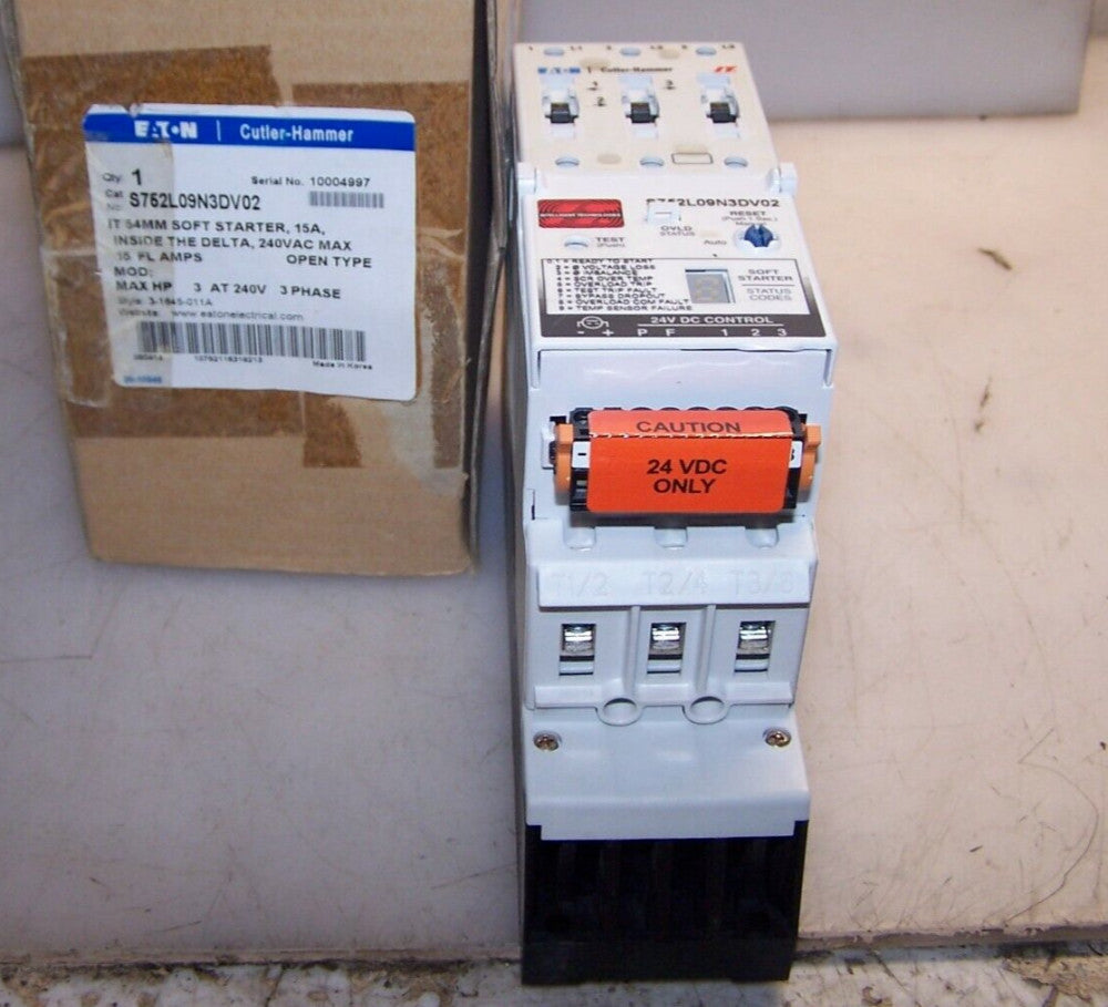 NEW EATON S752L09N3DV02 54MM SOFT STARTER 3 HP 240 VAC 15 AMP COIL 24 VDC 
