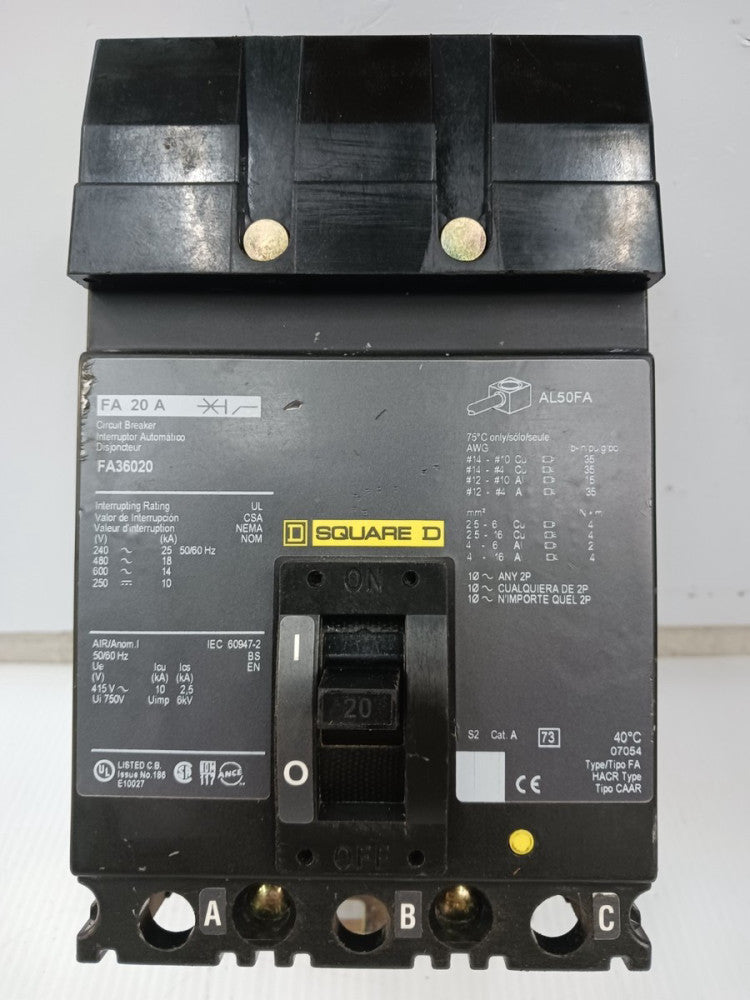 Square D 20 Amp I-Line Circuit Breaker 3 Pole 600 VAC / 250 VDC 18kA FA36020
