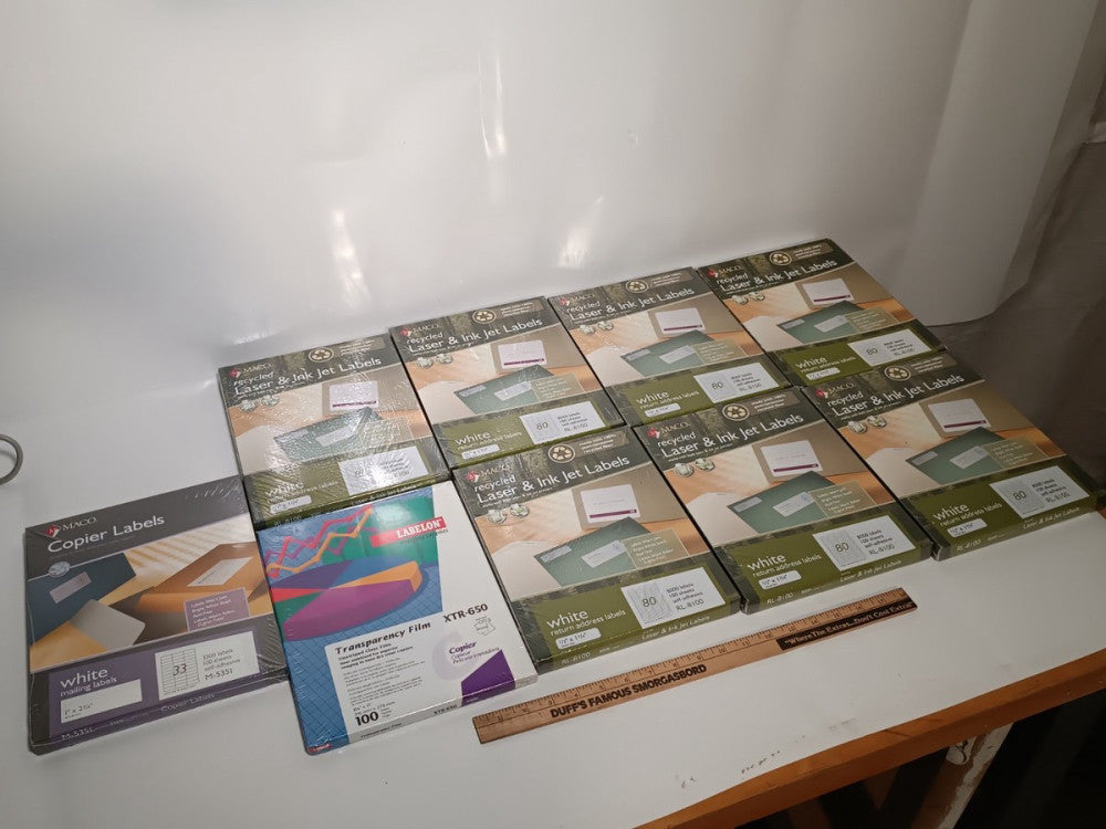 Lot of 8pc MACO Ink Jet Copier Mailing Labels & 1pc Labelon Transparency Film