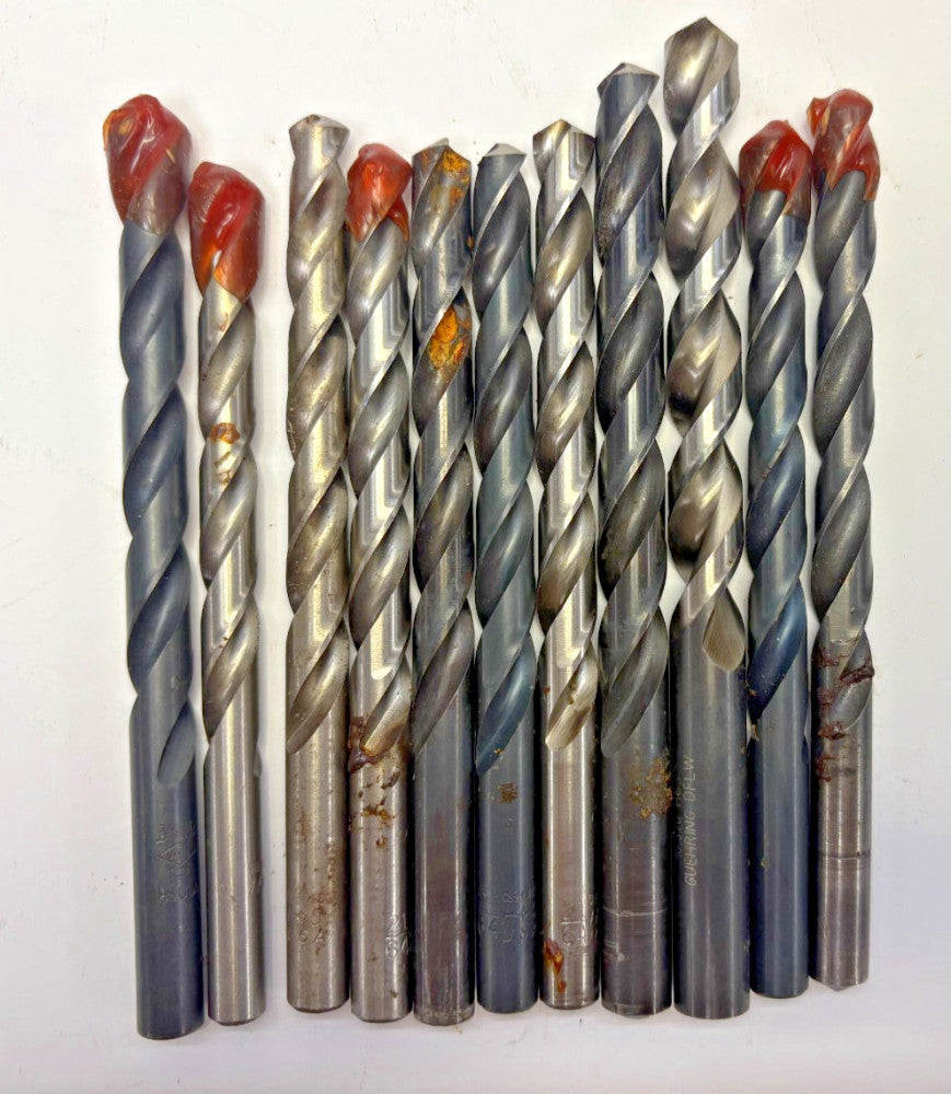 ASSORTED LOT OF 11, STRAIGHT SHANK DRILL BITS, 2-FLUTE, (9) 21/64", (2) 10.320"