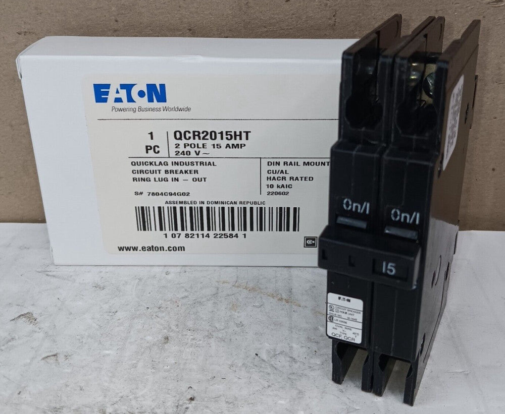 NEW EATON QCR2015HT 15 AMP DIN RAIL CIRCUIT BREAKER 2 POLE 240 VAC