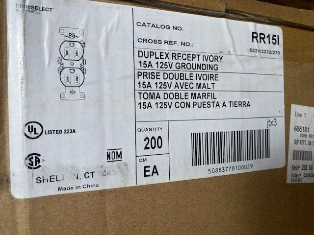 (CASE OF 200) HUBBELL RR15I Receptacle, Duplex, 15A, 5-15R, 125V, Ivory (NEW)