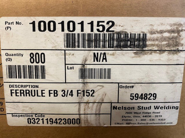 (Case of 800) Nelson Stud Welding 100101152 Ceramic Ferrules FB 3/4" F152