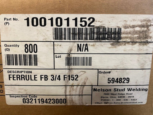 (Case of 800) Nelson Stud Welding 100101152 Ceramic Ferrules FB 3/4" F152