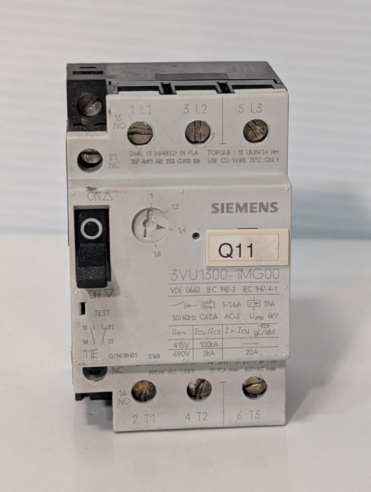 Siemens 3VU1300-1MG00 Starter Protector Circuit Breaker, 1-1.6A, 3 Pole, 1NO-1NC