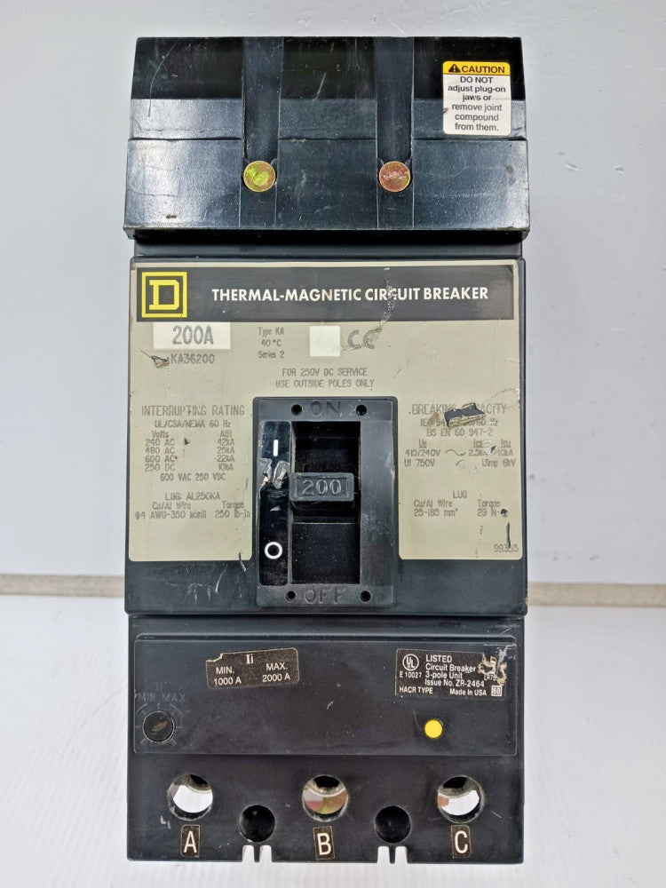Square D 200 Amp I-Line Thermal-Magnetic Circuit Breaker  3 Pole 600 VAC KA36200
