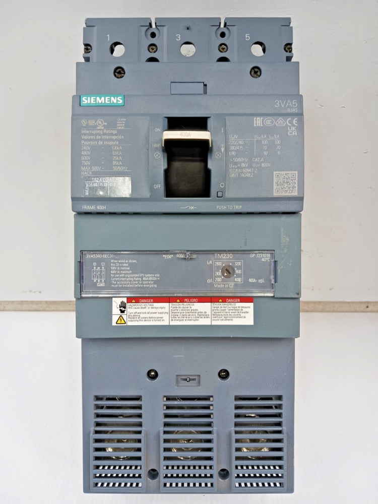 New Siemens 400 Amp Circuit Breaker 3 Pole 600 VAC / 750 VDC 3VA5340-6EC31-0AA0