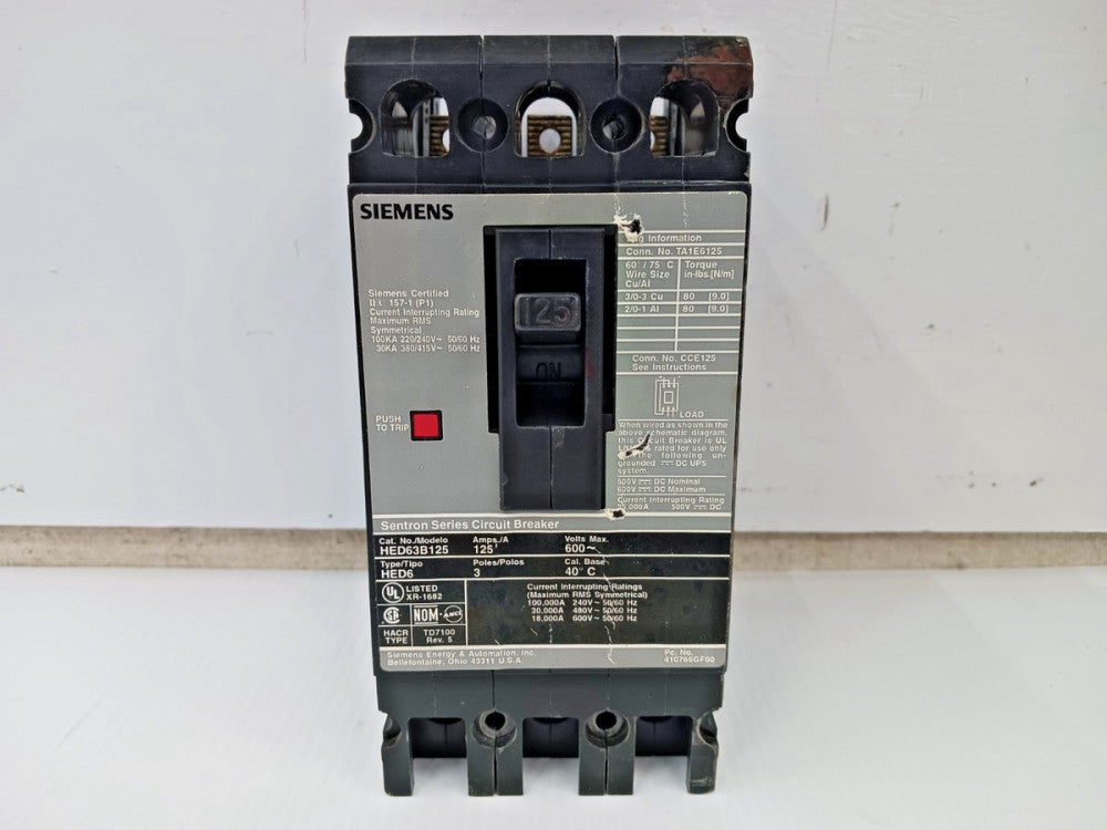 Siemens Sentron 125 Amp Circuit Breaker 3 Pole 600 VAC 30kA HED63B125