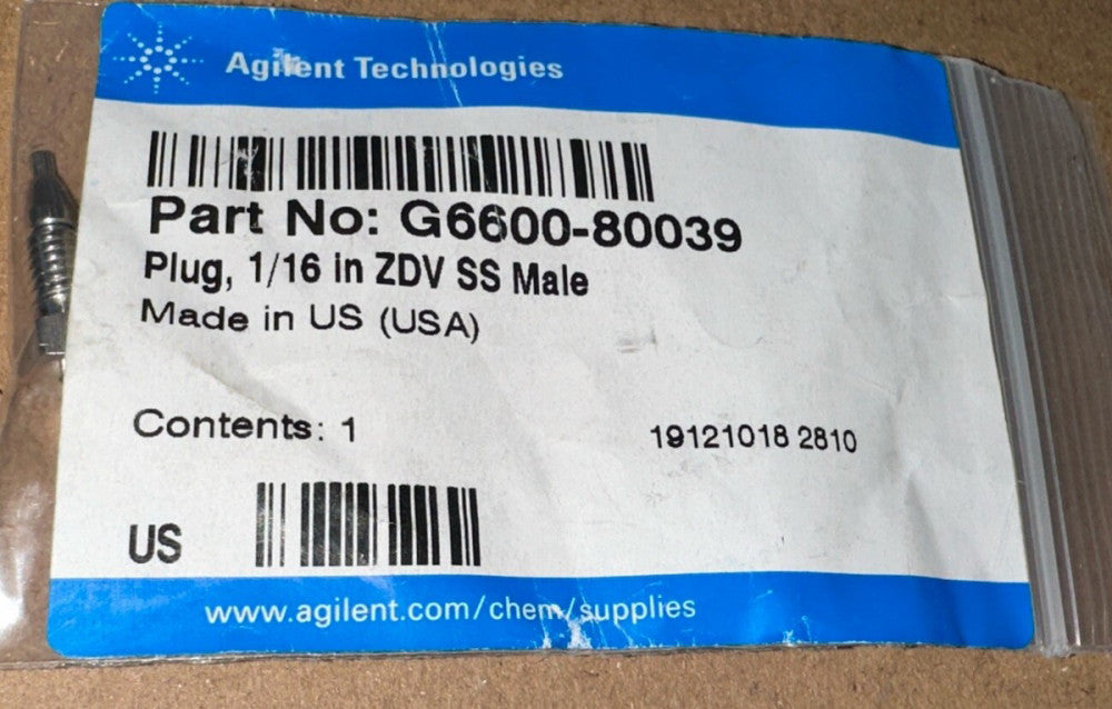 Agilent G6600-80039 Plug 1/16 In ZDU SS Male