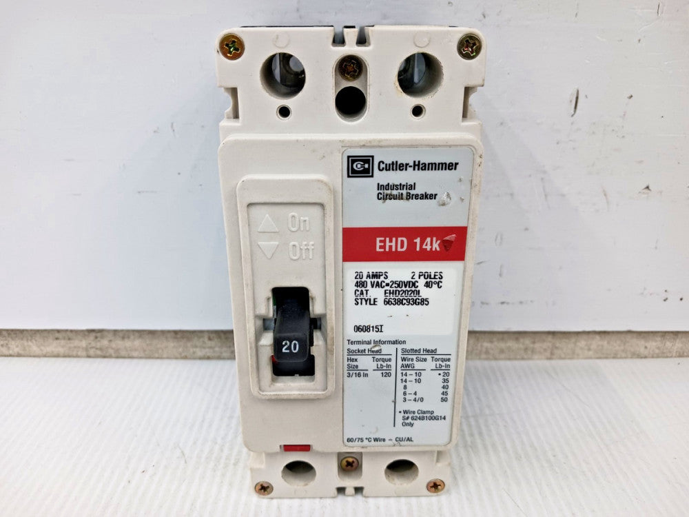 Cutler Hammer 20 Amp Circuit Breaker 2 Pole 480 VAC / 250 VDC 14kA EHD2020L