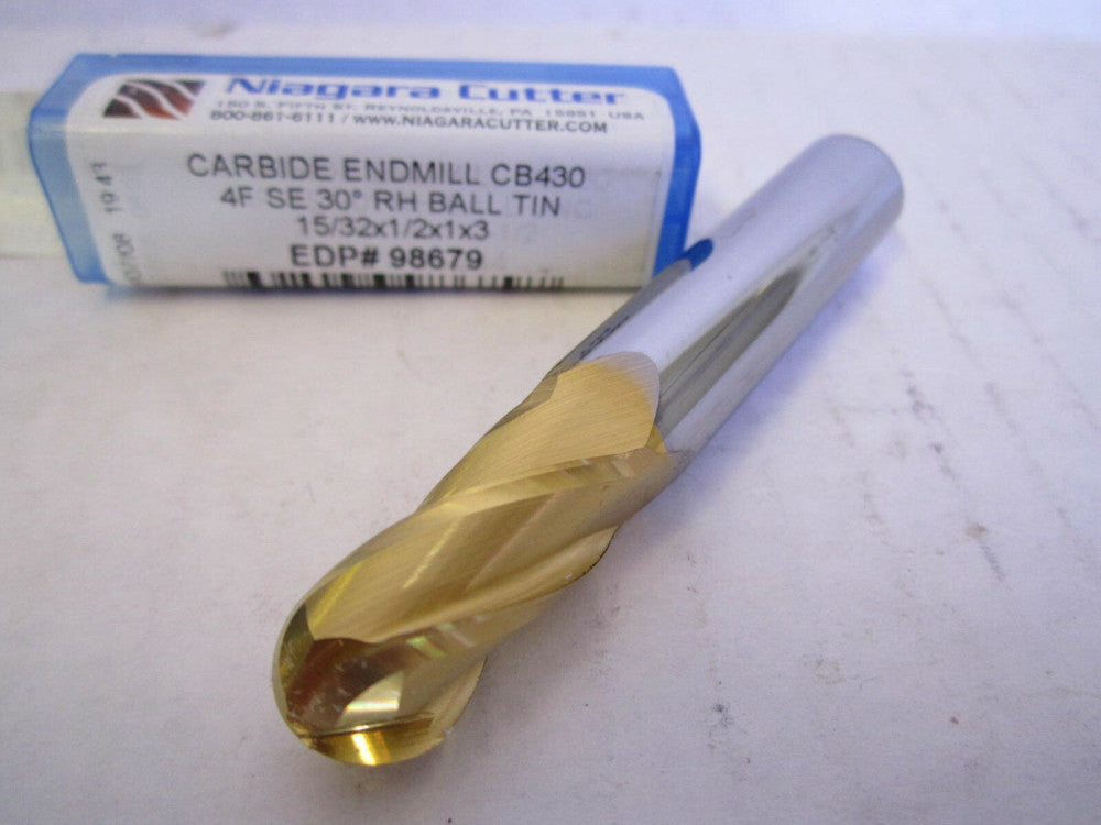 Niagara (98679) 15/32 x 1/2 x 1 x 3" Ball End Carbide TiN 4-Flute Endmill New