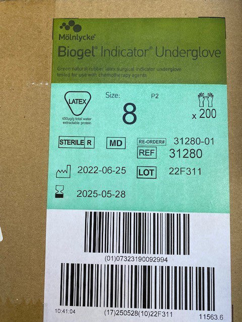 200-Pair Molnlycke 31280 Latex Biogel Size 8 Surgical Indicator Undergloves NEW
