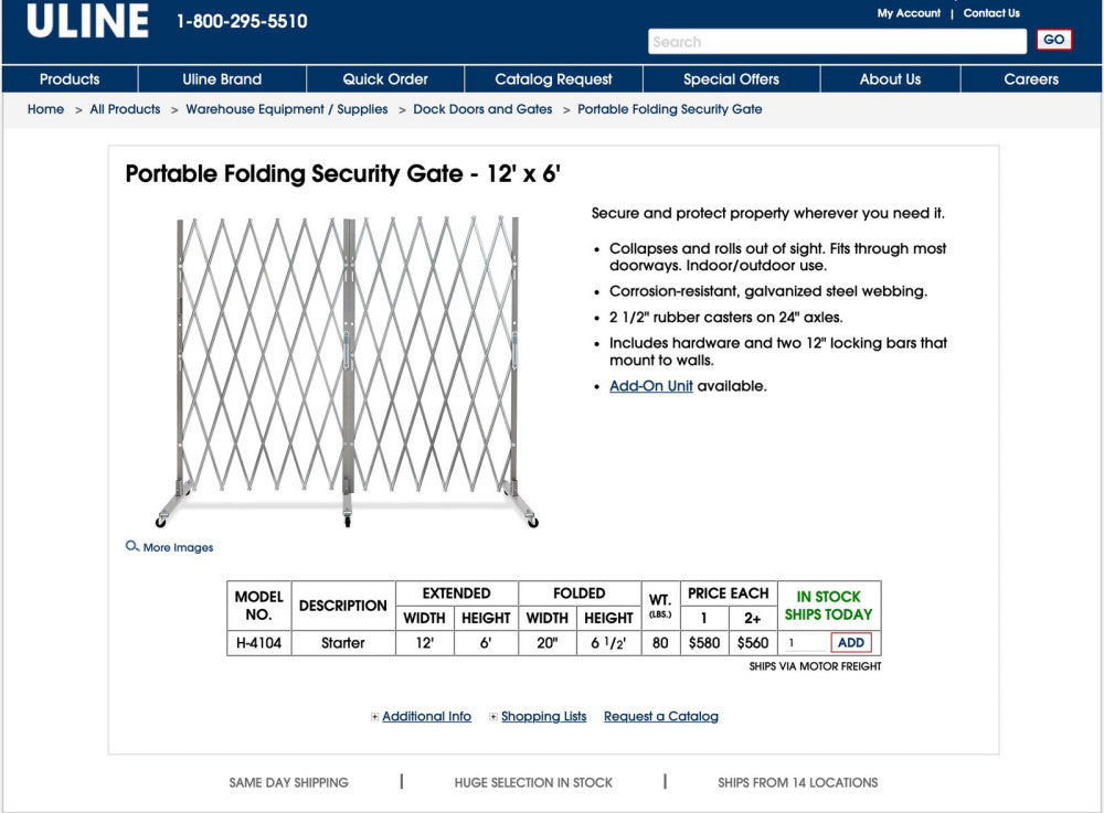Portable Folding Security Gate 12’ X 6’ Uline Galvanized Steel Fencing