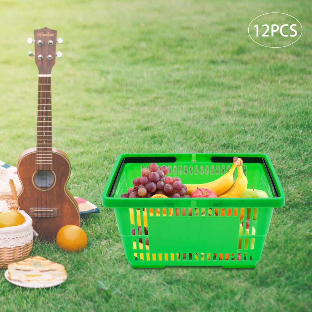 12PCS Green Shopping Baskets 28L Plastic with Sign /Stand /Metal Handles