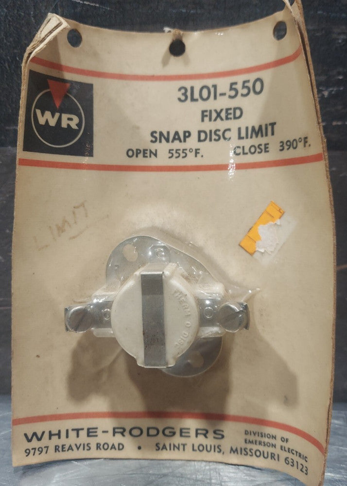 WHITE-RODGERS 3L01-550 Fixed Snap Disc Limit. Open 555°F, Close 390°F.