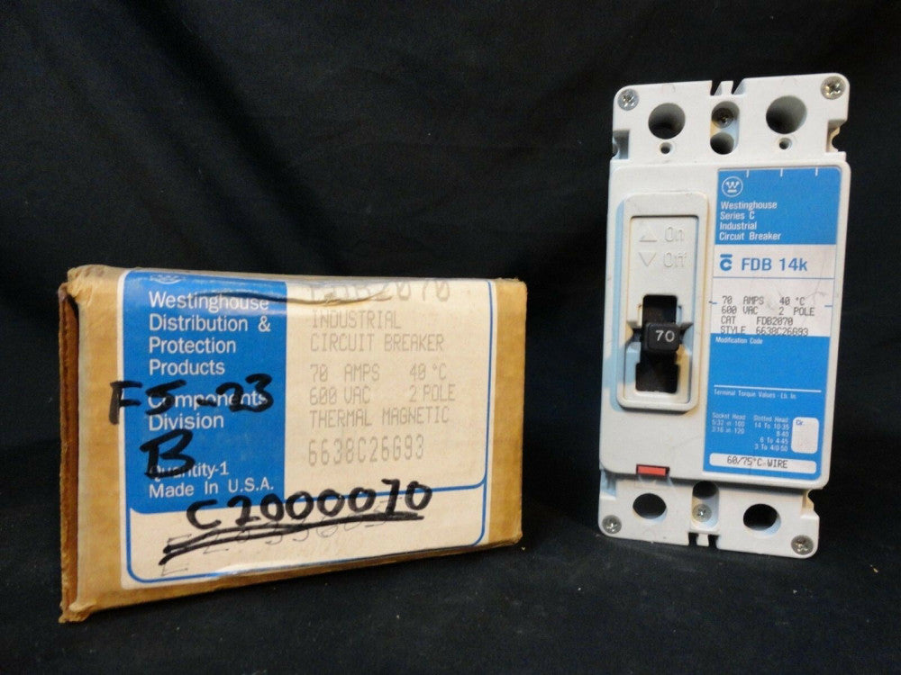 WESTINGHOUSE (NEW) CIRCUIT BREAKER - TYPE FDB2070 - AMP 70 - VAC 600 - 2 POLE