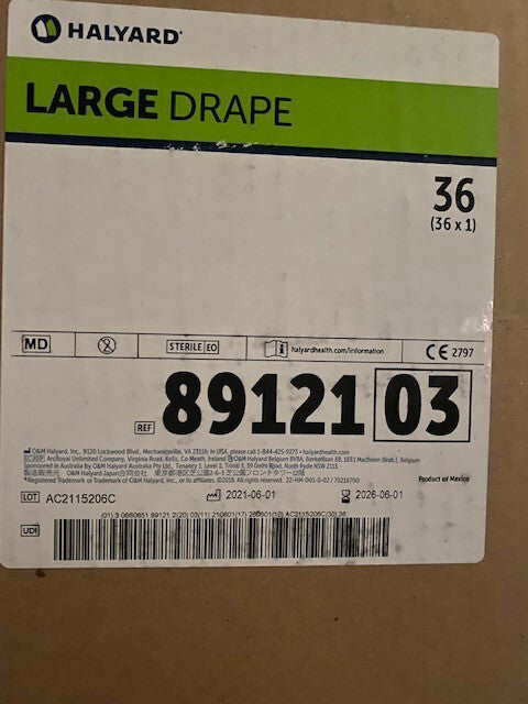(Case of 36) Halyard 89121 Large Drape size 60x76, EXP 06/2026