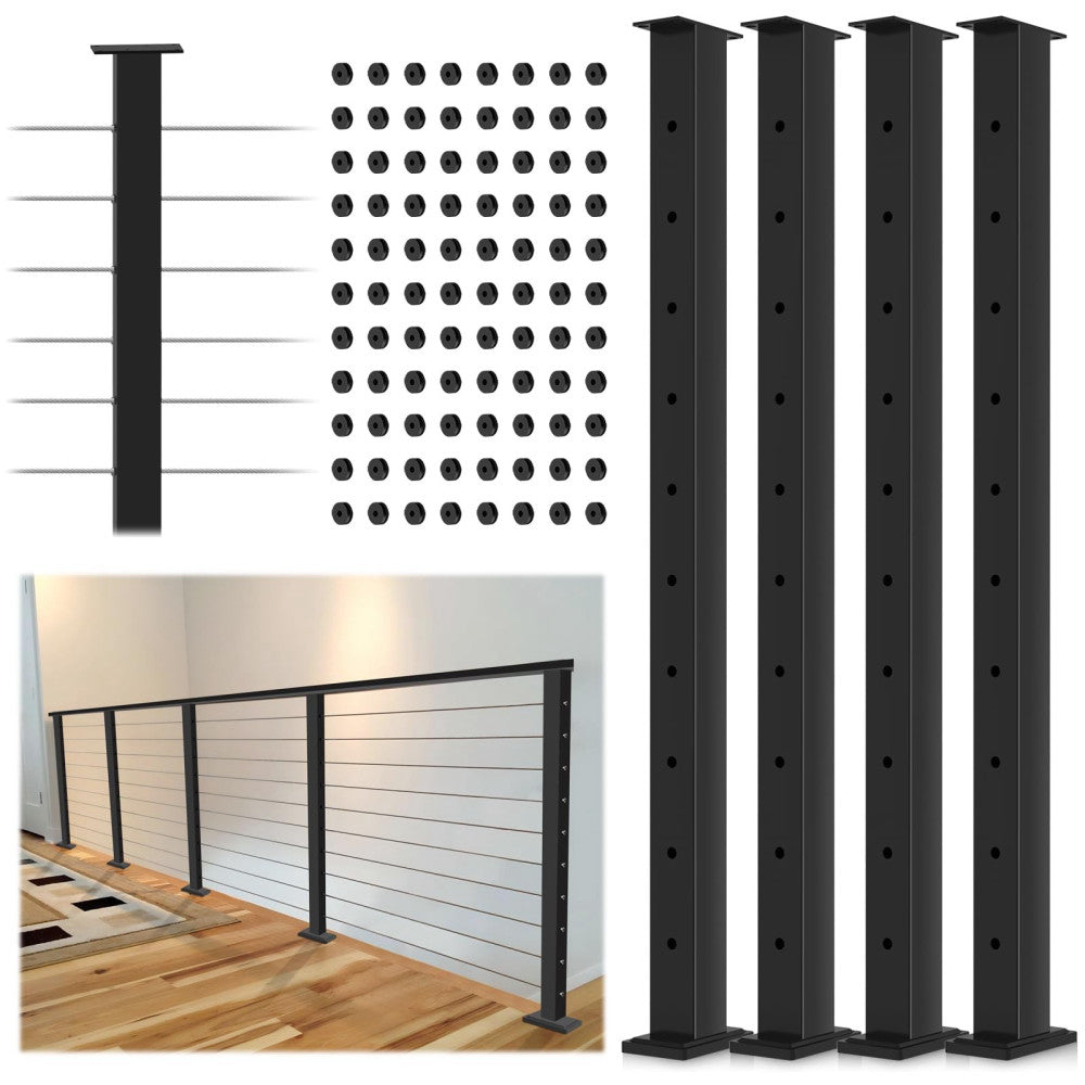 4 Pack Cable Railing Post 36Inch, Level Drilled Railing Post with Flat Design...