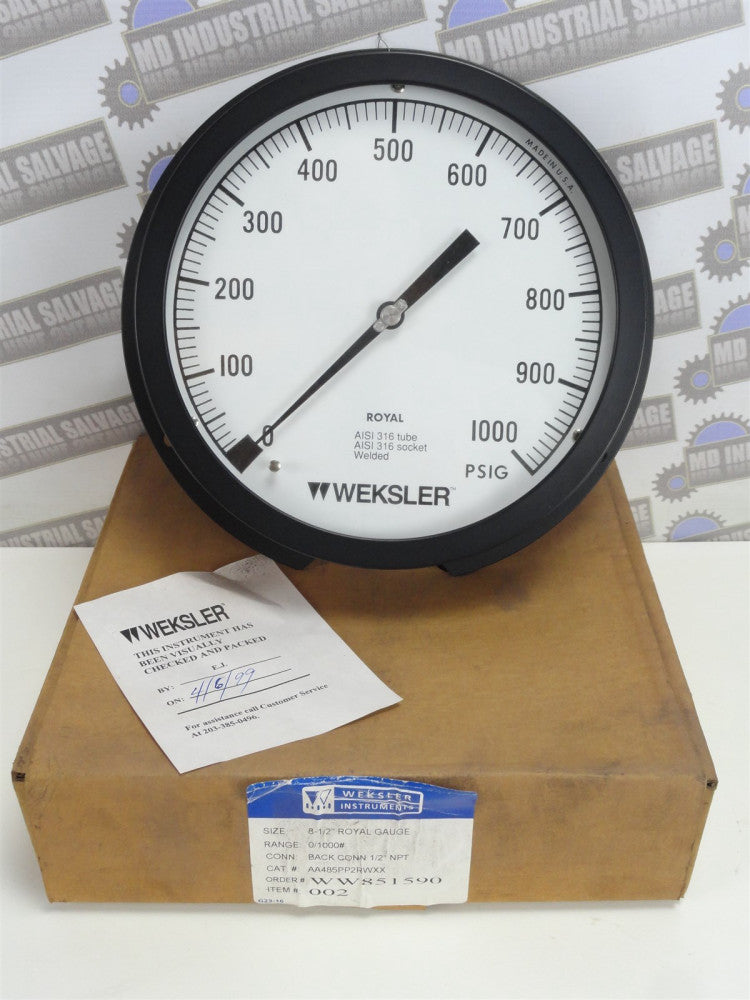 WEKSLER 8-1/2" ROYAL GAUGE 0-1000 PSIG 1/2" NPT (NEW in BOX) AA485PP2RWXX