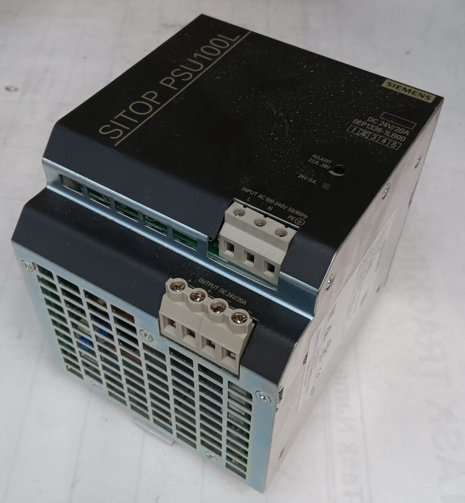 SIEMENS SITOP PSU100L POWER SUPPLY 100-240 VAC IN 24VDC 20 AMP OUT 6EP1336-1LB00