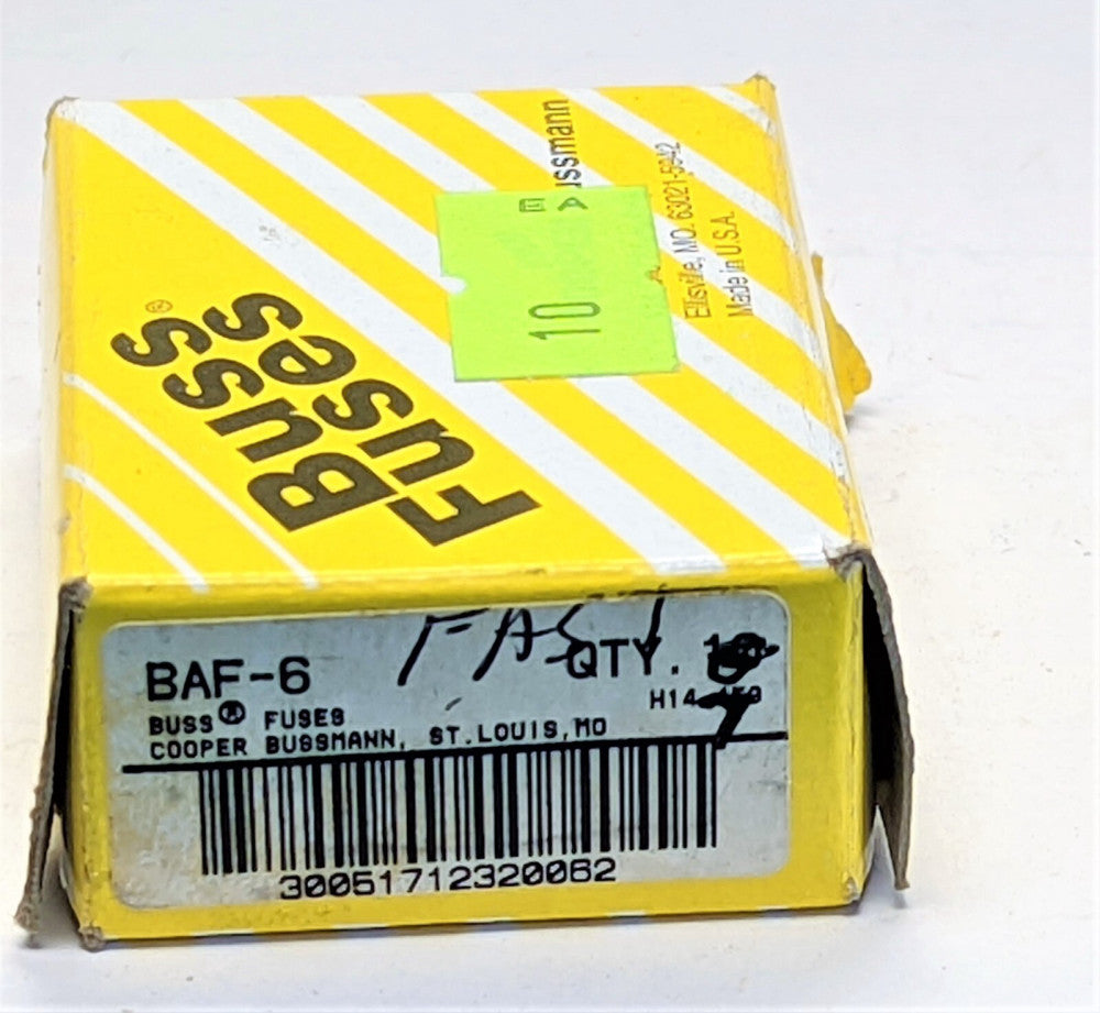 (7) COOPER BUSSMANN BAF-6 FAST ACTING MIDGET FUSE, 6A 250V CLASS CC [OF30] 
