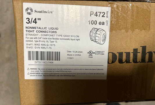 (Qty. 100) Topaz P472 3/4" non-metallic liguid tight straight connector