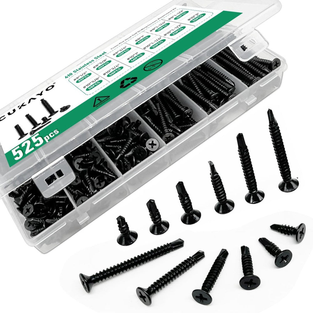 410 Stainless Steel Self Drilling Screw Assortment Kit, 525pcs #8#10Self Tapp...